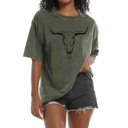 Wrenpies Western Cow Skull Shirts for Women Oversized Cowgirl Country Concert Vintage Graphic Tees Cowboy Rodeo T Shirt Tops (Armg Green,L) | Amazon (US)