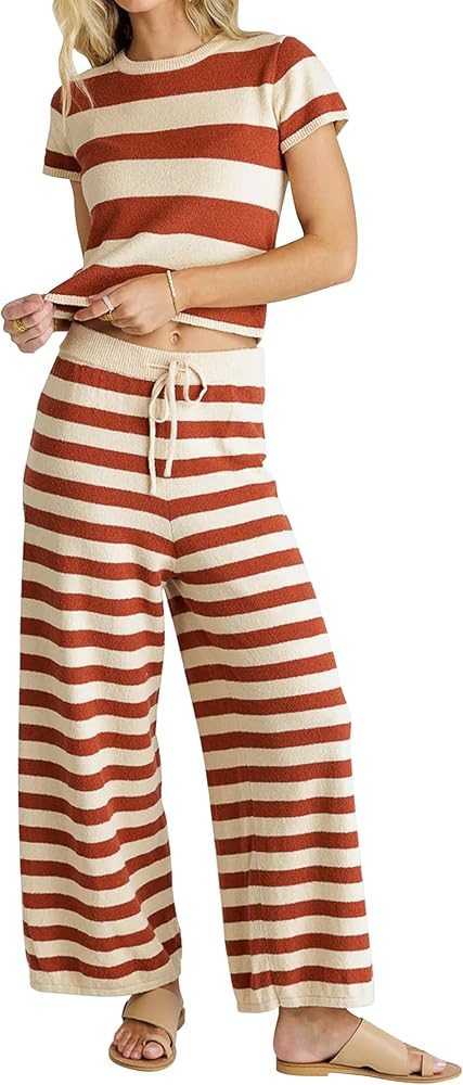 MISSACTIVER Women's Striped Two Piece Sweater Outfits Short Sleeve Pullover Tops and High Waisted... | Amazon (US)