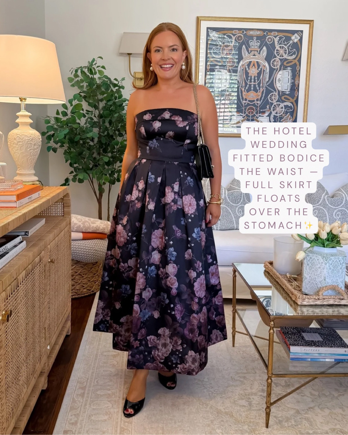 Size 8
The hotel wedding dress 🖤 A strapless black floral midi that nips and floats — the fitted bodice defines the waist while the full skirt floats right over the stomach. Strapless + full skirt is the most forgiving silhouette there is, and black florals read luxe for an evening ballroom.

#fallweddingguestdress #weddingguestdress #straplessdress #floralmaxidress #fallweddingoutfit #eveningdress