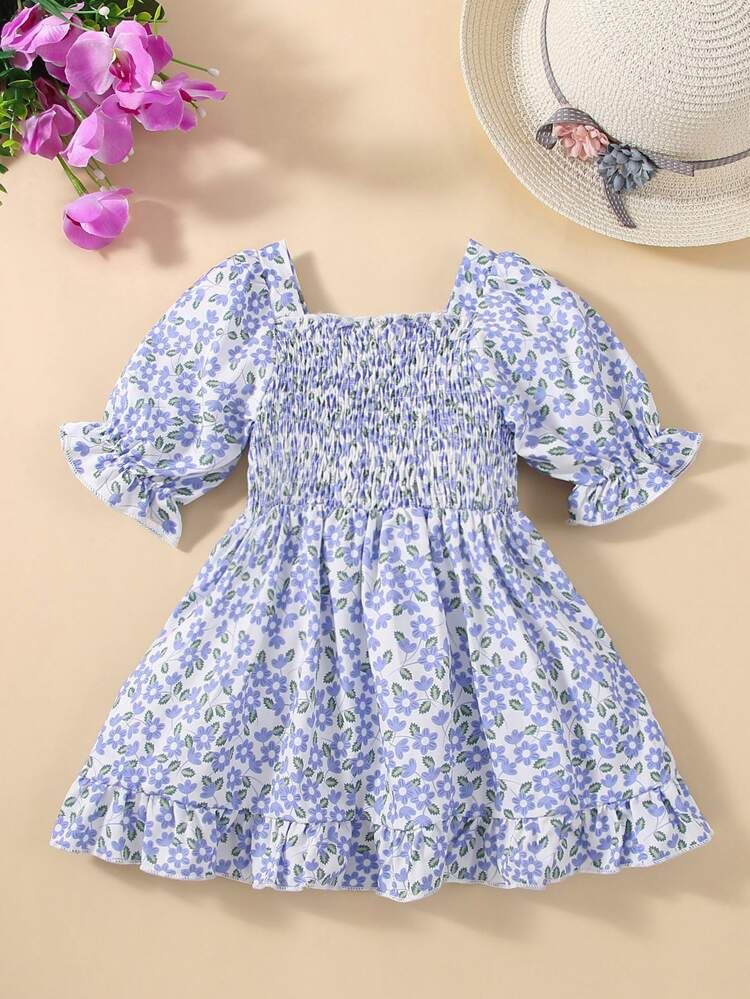 Baby Allover Floral Print Shirred Ruffle Hem Dress | SHEIN