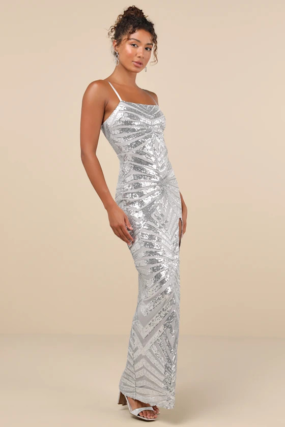 Glimmering Beauty Silver Sequin Sleeveless Column Maxi Dress | Lulus