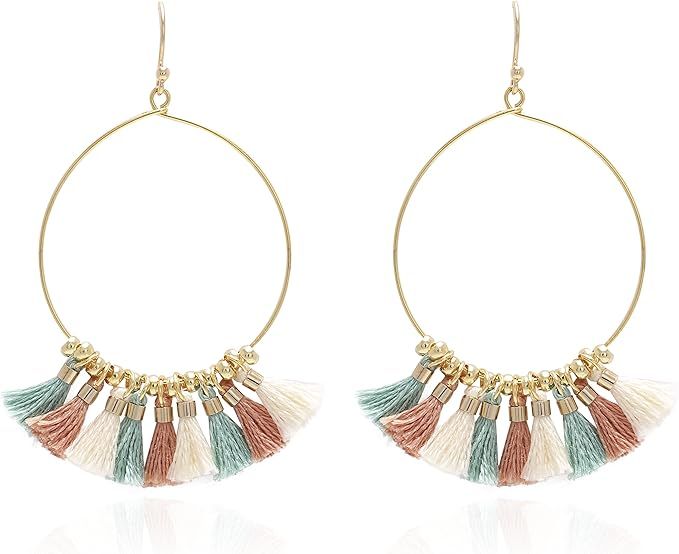 Bohemian Handmade Multi Color Tassel with Yellow Gold Plated Dangle Drop Statement Earrings | Amazon (US)