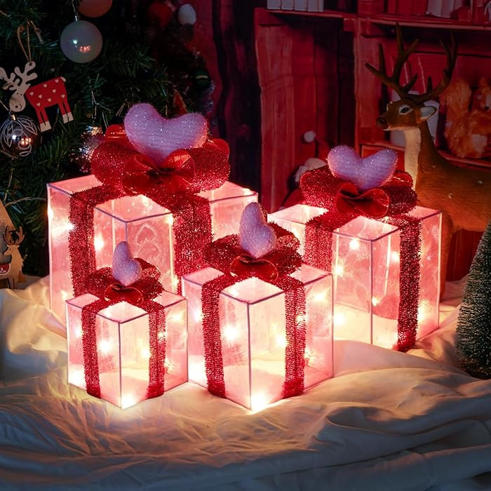 Set of 4 Valentines Day Pink Heart Lighted Gift Boxes, Battery Operated Romantic Wedding Decorati... | Amazon (US)