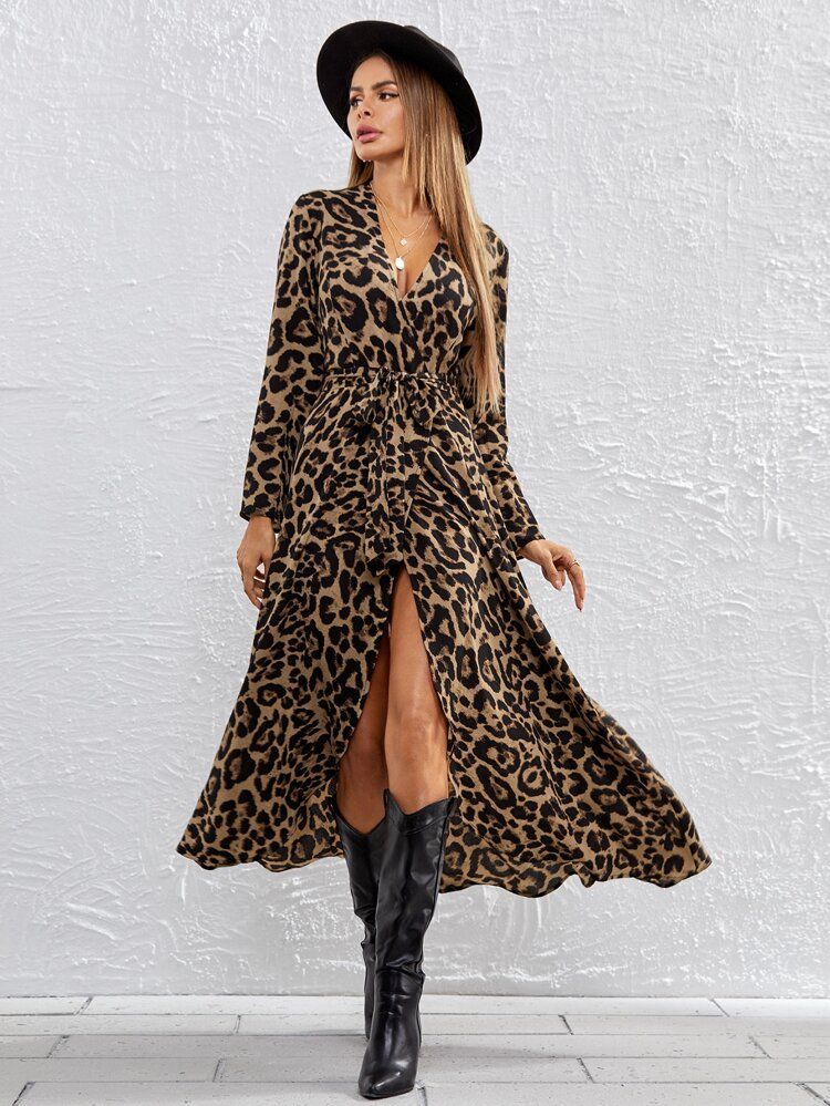 SHEIN Leopard Print Self Belted Wrap Dress | SHEIN