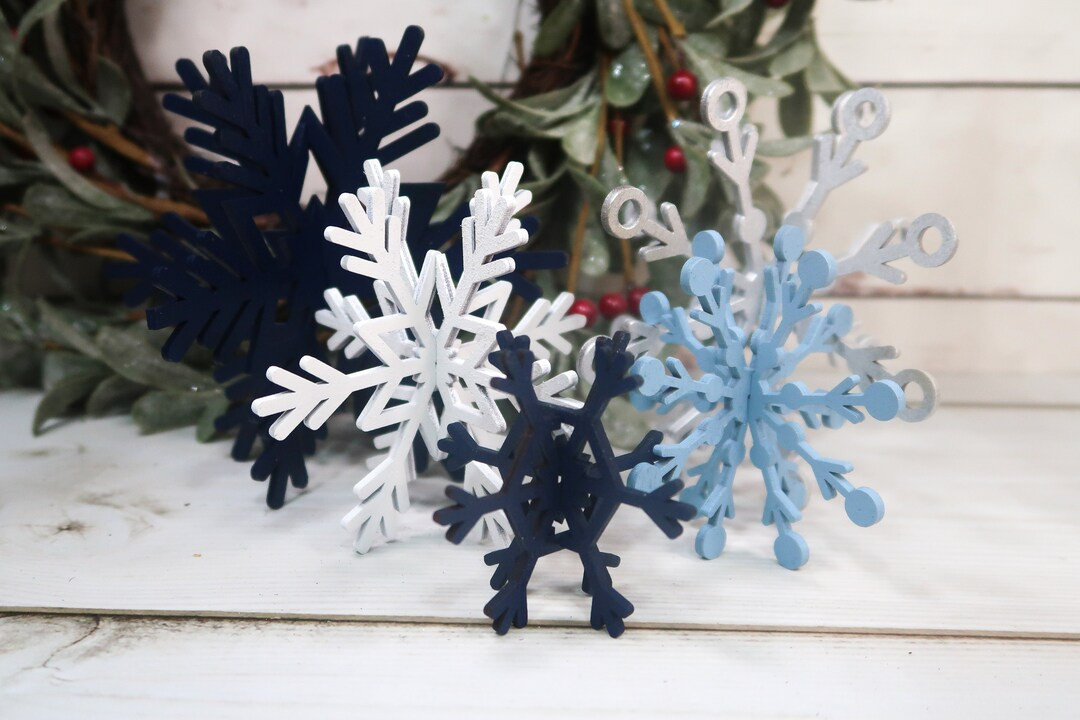 Navy Set of 5 Wood Snowflakes , Christmas Decor, Christmas Tiered Tray, Winter Decor, Seasonal Ti... | Etsy (US)