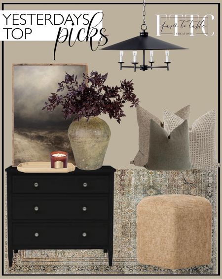 Yesterday’s Top Picks. Follow @farmtotablecreations on Instagram for more inspiration.

Loloi LAYLA Collection, LAY-03, Olive/Charcoal, Runner Rug, Soft, Durable, Vintage Inspired, Distressed, Low Pile, Non-Shedding, Easy Clean, Printed, Living Room Rug. Moody Dark Tone Abstract Canvas Printed Sign. Kantha Quilt. BeautyPeak mirror. Delta Children Epic 3 Drawer Dresser with Interlocking Drawers - Greenguard Gold Certified, Black. Chinese Storage Jar Vase. 4-Arm Candlestick Chandelier with Large Metal Shade Black - Threshold  designed with Studio McGee. New Afloral Plum Artificial Cimicifuga Plant Leaf Spray - 31". Shanti Pillow Cover Combo. Hackner Home. Ceramic Sandy Glaze Tray - Threshold. Hex Upholstered Ottoman Tan - Threshold designed with Studio McGee. 3-Wick Blush Tonka 20oz Glass Jar with Metal Label Candle Maroon. 

Loloi Rugs | Chris Loves Julia | console table | console table styling | faux stems | entryway space | home decor finds | neutral decor | entryway decor | cozy home | affordable decor |  | home decor | home inspiration | spring stems | spring console | spring vignette | spring decor | spring decorations | console styling | entryway rug | cozy moody home | moody decor | neutral home




#LTKFindsUnder50 #LTKSaleAlert #LTKHome