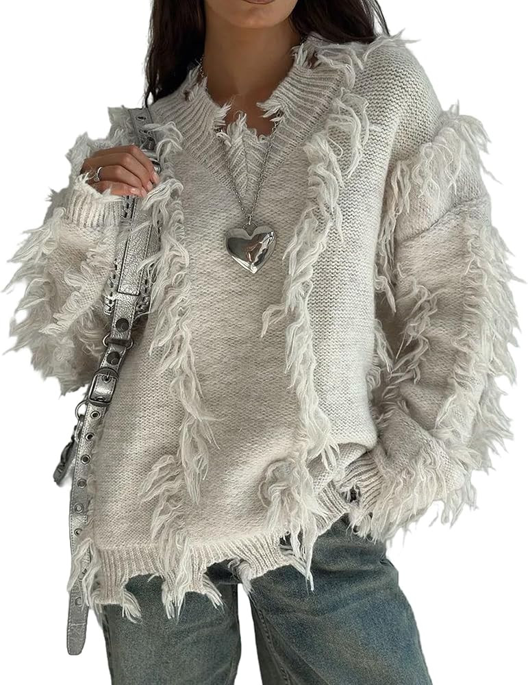 Women's Shaggy Fringe Knit Sweater Long Sleeve Oversized Pullover with Distressed Tassel Detail F... | Amazon (US)