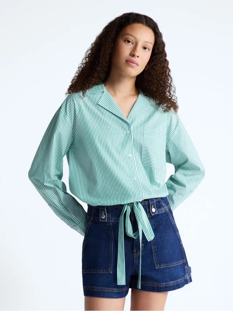 Free Assembly Women's and Women's Plus Cotton Poplin Tie Waist Shirt with Long Sleeves, Sizes XS-4X
