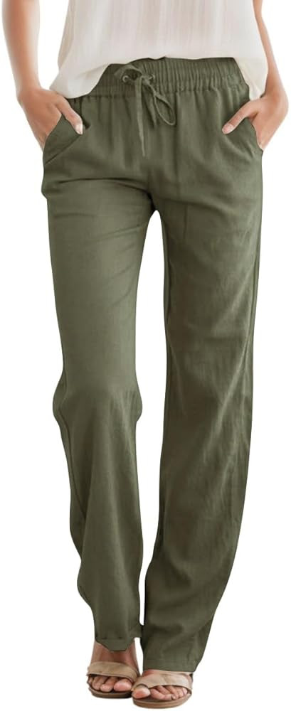 SEMARO Womens Casual Linen High Waist Pants Drawstring Loose Fit Summer Pants Trousers with Side ... | Amazon (US)