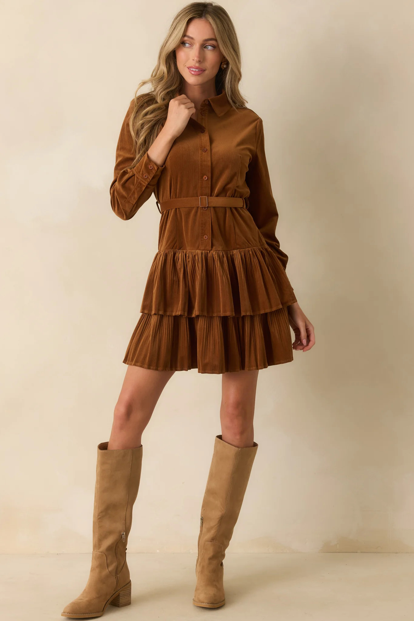 Against The Grain Caramel Brown Corduroy Belted Mini Shirt Dress | Red Dress