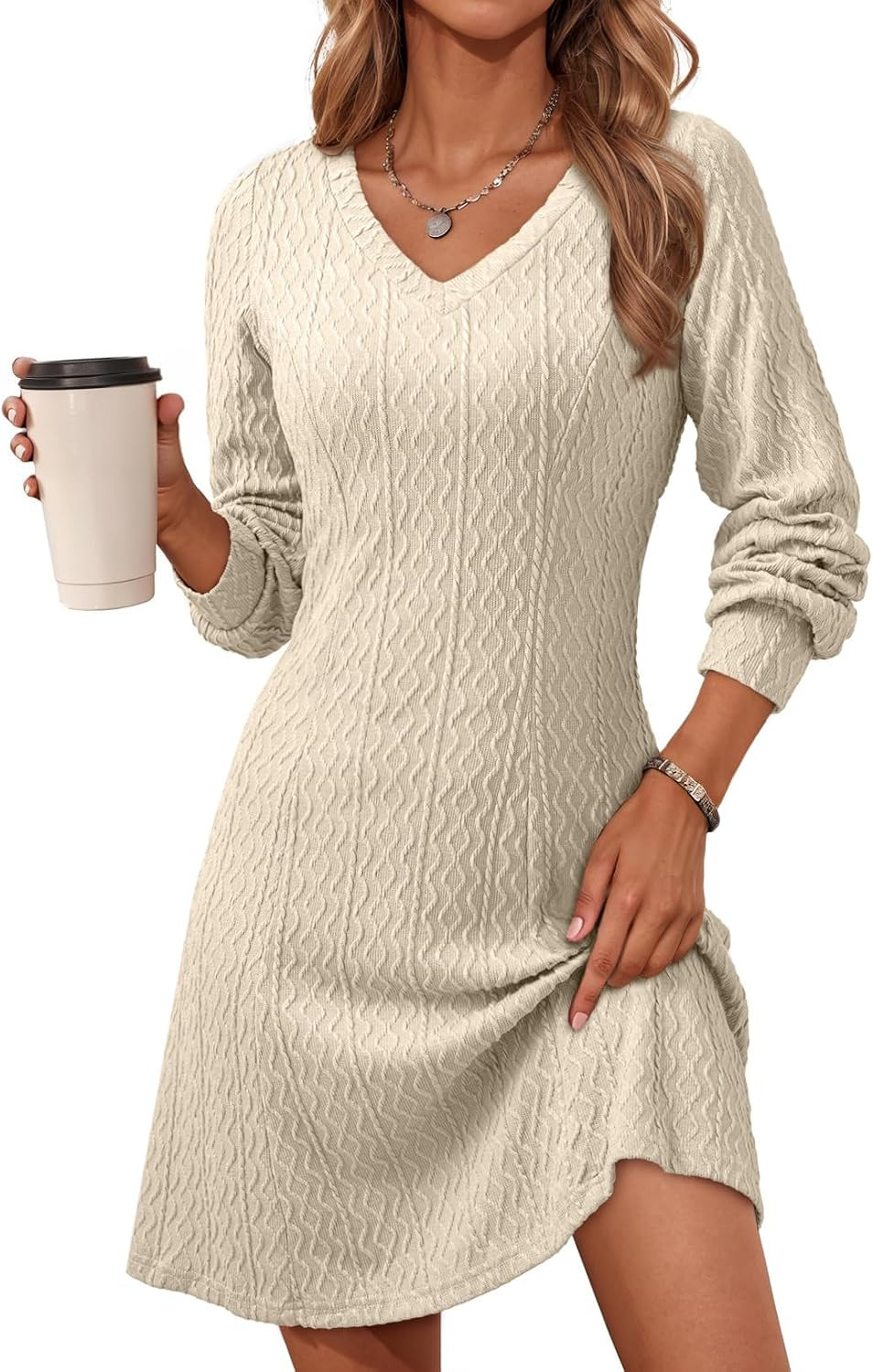 Dokotoo Sweater Dress for Women Long Sleeve V Neck A Line Knit Mini Dresses | Amazon (US)