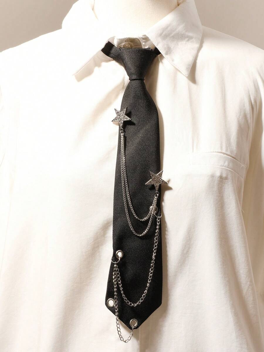 1pc Fashionable Women's Silver-Color Rhinestone Decor Moon & Star Shaped Tassel Ribbon Necklace, ... | SHEIN