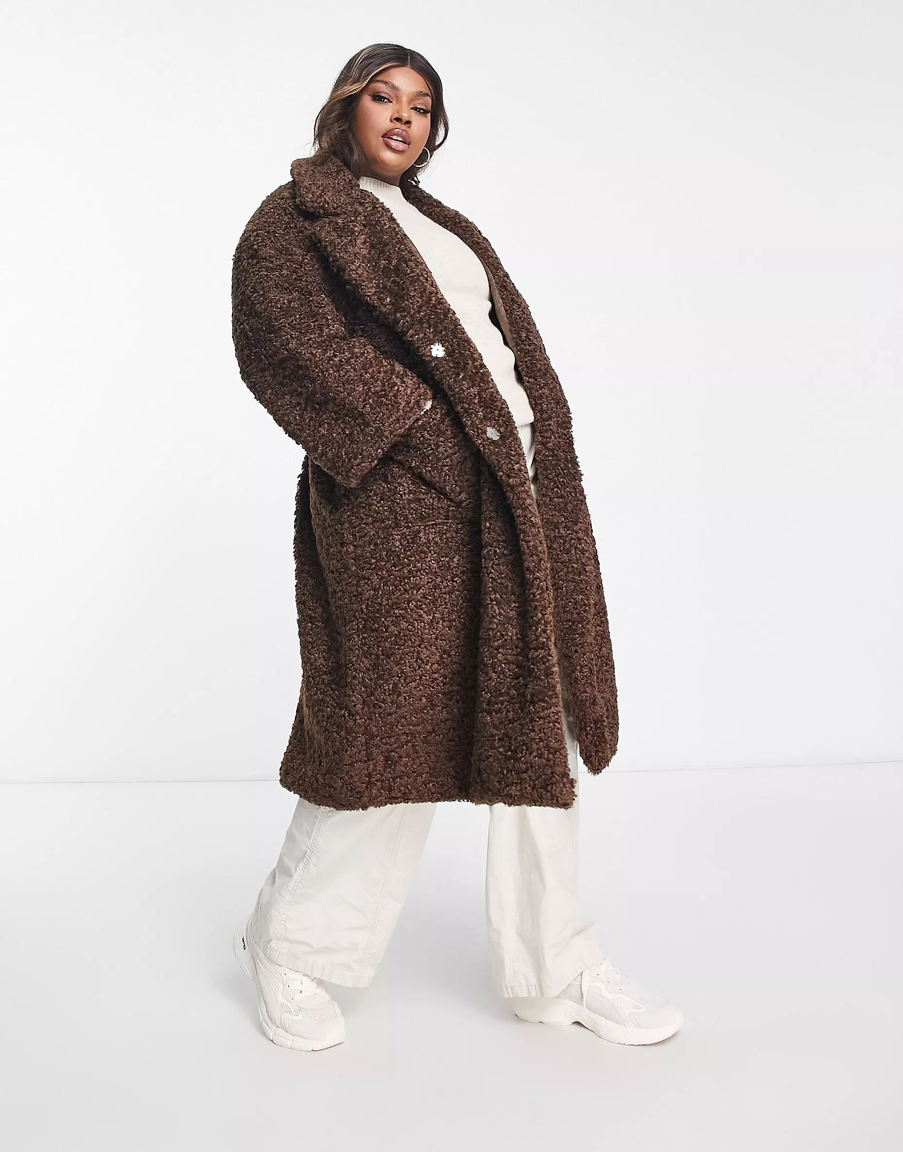 QED London Plus teddy longline coat with PU belt in chocolate brown | ASOS (Global)