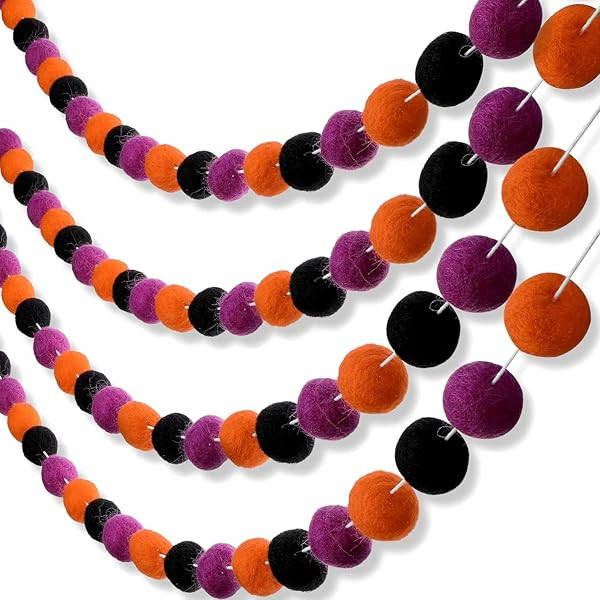 Tatuo 3 Pieces Halloween Felt Ball Garland Pom Pom Garland Black Orange White Purple Halloween Pompo | Amazon (US)