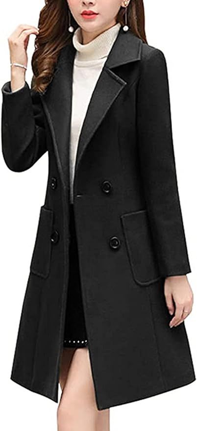 Bankeng Women Winter Wool Blend Camel Mid-Long Coat Notch Double-Breasted Lapel Jacket Outwear | Amazon (US)