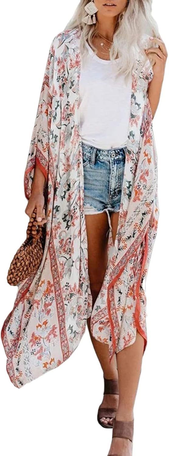 Sidefeel Women Print Kimono Cardigan V Neck Loose Beach Cover Up | Amazon (US)