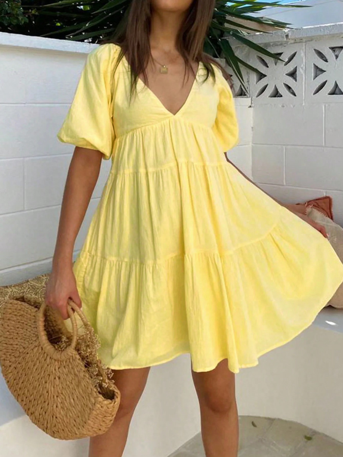 SHEIN Essnce Women's Solid Color V-Neck Short Sleeve Ruched Mini Casual Dress | SHEIN USA | SHEIN