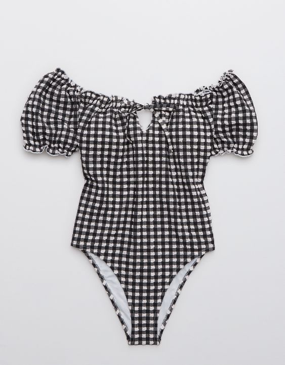 Aerie Gingham Puff Sleeve One Piece Swimsuit | American Eagle Outfitters (US & CA)