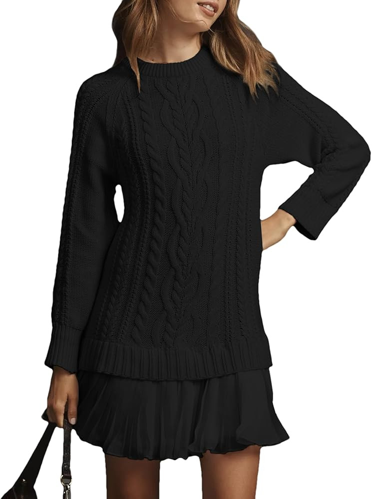 Shiyifa Womens Cable Knit Sweater Dress Crewneck Patchwork Pleated Dresses Twofer Style Long Slee... | Amazon (US)