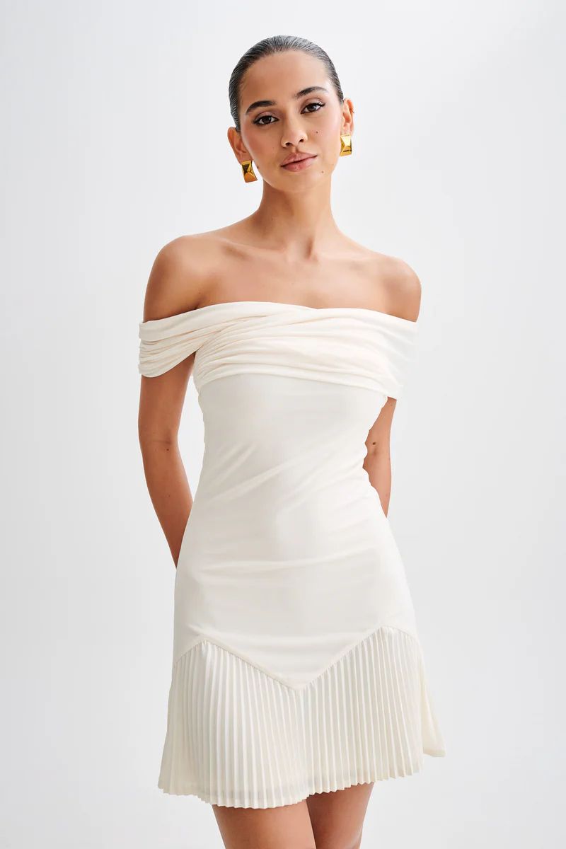 Melina Slinky Off Shoulder Mini Dress - Ivory | MESHKI US