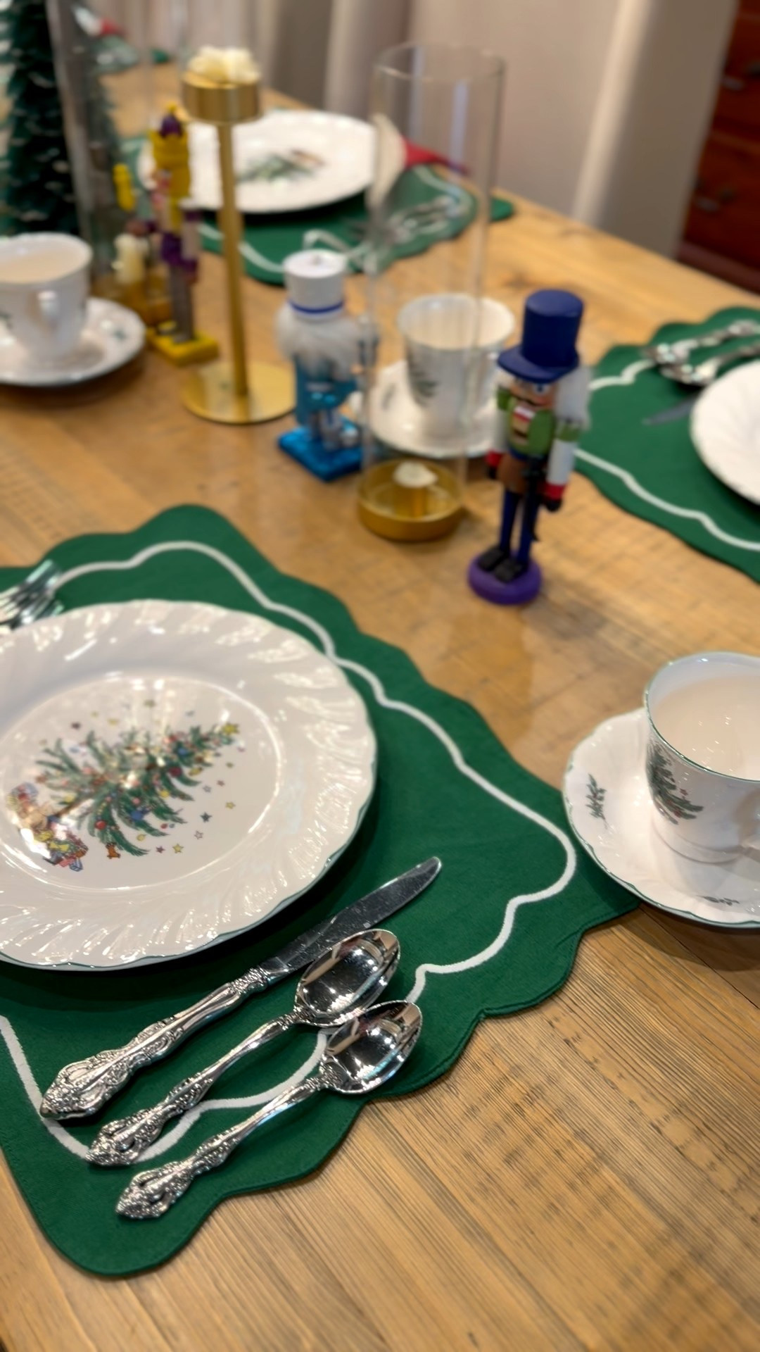 Get ready to entertain with new dinnerware. I found a similar Christmas dinner set ours is a handed down set. 
Nutcrackers are a collection including some my kids painted years ago 🥹
