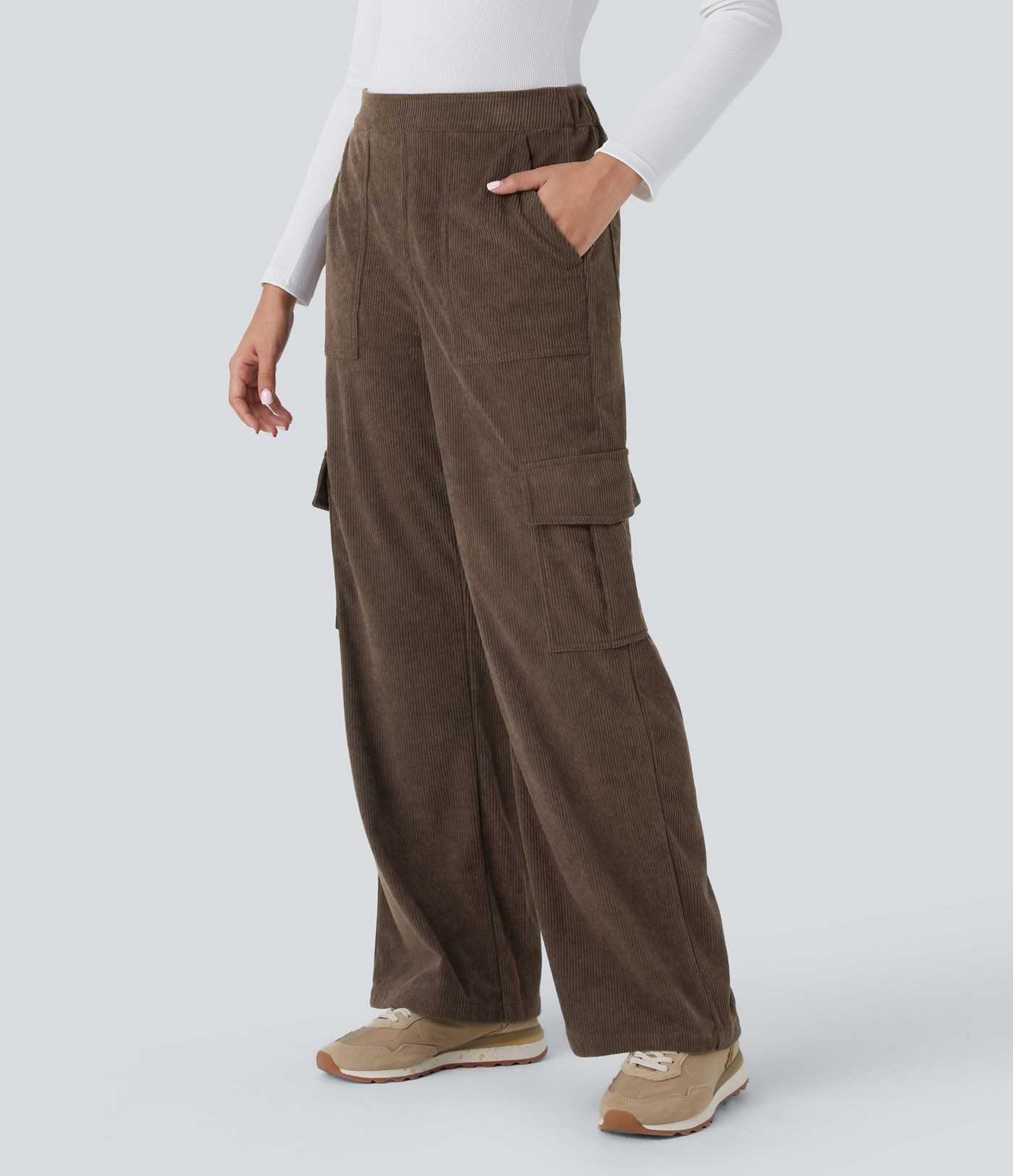 Women’s Mid Rise Pockets Straight Leg Corduroy Casual Cargo Pants - Halara | HALARA