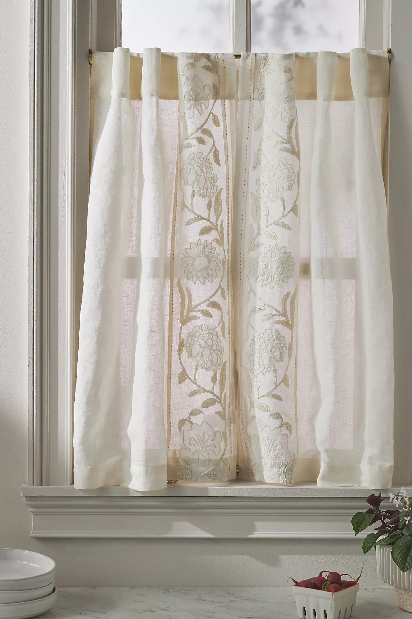 Embroidered Manette Cotton Linen Sheer Café Curtains, Set of 2 | Anthropologie (US)