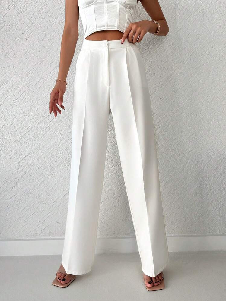 Cottnline Solid Zipper Fly Straight Leg Pants | SHEIN