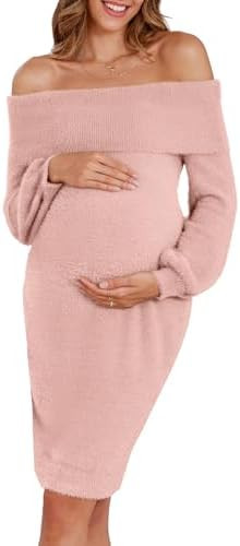 V FOR CITY Maternity Sweater Dress for Baby Shower Off The Shoulder 2025 Winter Fuzzy Puff Sleeve... | Amazon (US)