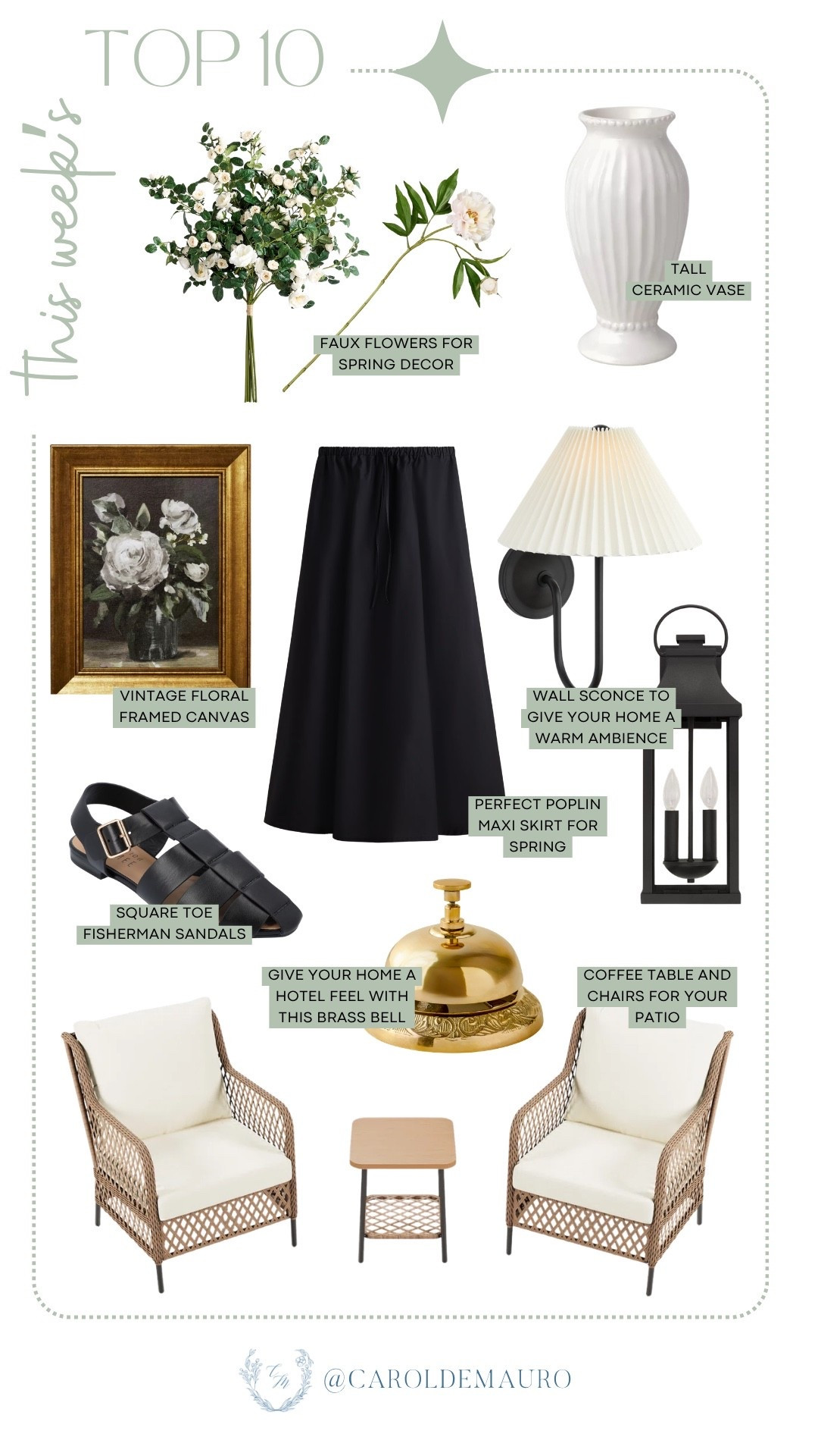 This week’s top picks are all about the perfect spring transition, featuring everything from a breezy poplin maxi skirt and square-toe sandals to a vintage floral framed canvas. Y'all are also loving these home finds, including the tall ceramic vase, faux flowers, minimalist wall sconce, brass hotel bell, and that cozy patio set.

top 10, bestseller, patio furniture, home decor, modern vintage, fashion trend, faux flowers, wall decor

#LTKU #LTKHome #LTKSeasonal