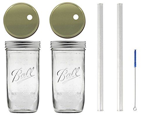 Ball Glass Mason Drinking Jars with 2 Gold Lids, 2 Glass Straws (10"x 9.5mm) and 1 Straw Cleaner (24 | Amazon (US)