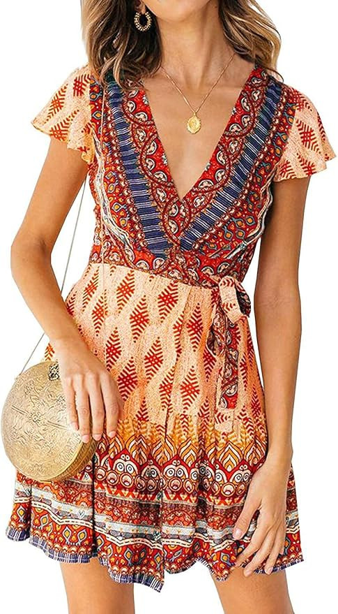 ZESICA Women’s Summer Wrap V Neck Bohemian Floral Print Ruffle Swing A Line Beach Mini Dress | Amazon (US)