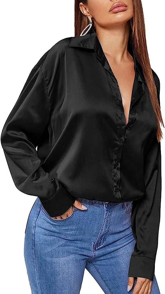 Chigant Women's Blouse Satin Silk Shirts Button Down Shirts Casual Loose Long Sleeve Office Work ... | Amazon (US)