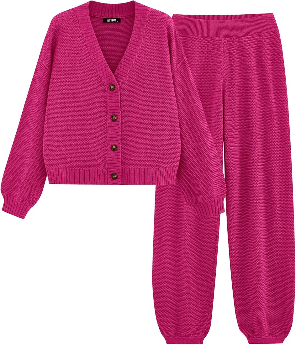BTFBM Women 2 piece Outfits Fall Knit Sweater Sets Loose Casual Button Down Cardigan Long Pants M... | Amazon (US)