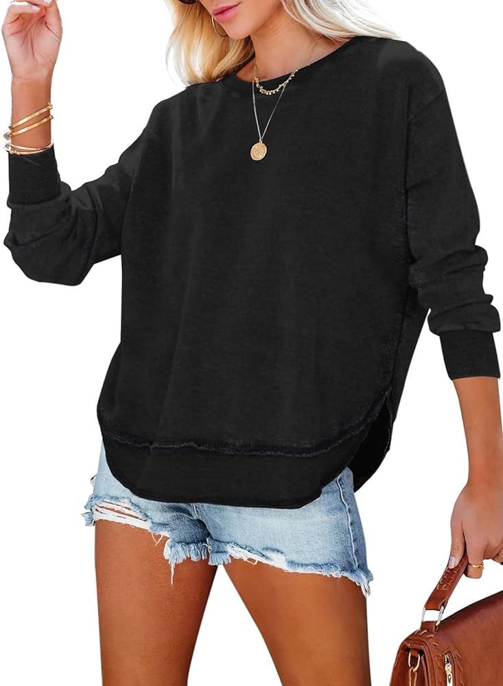 Sweatshirt for Women Casual Solid Color Crewneck Long Sleeve Side Split Tunic Tops Loose Fit Pull... | Amazon (US)