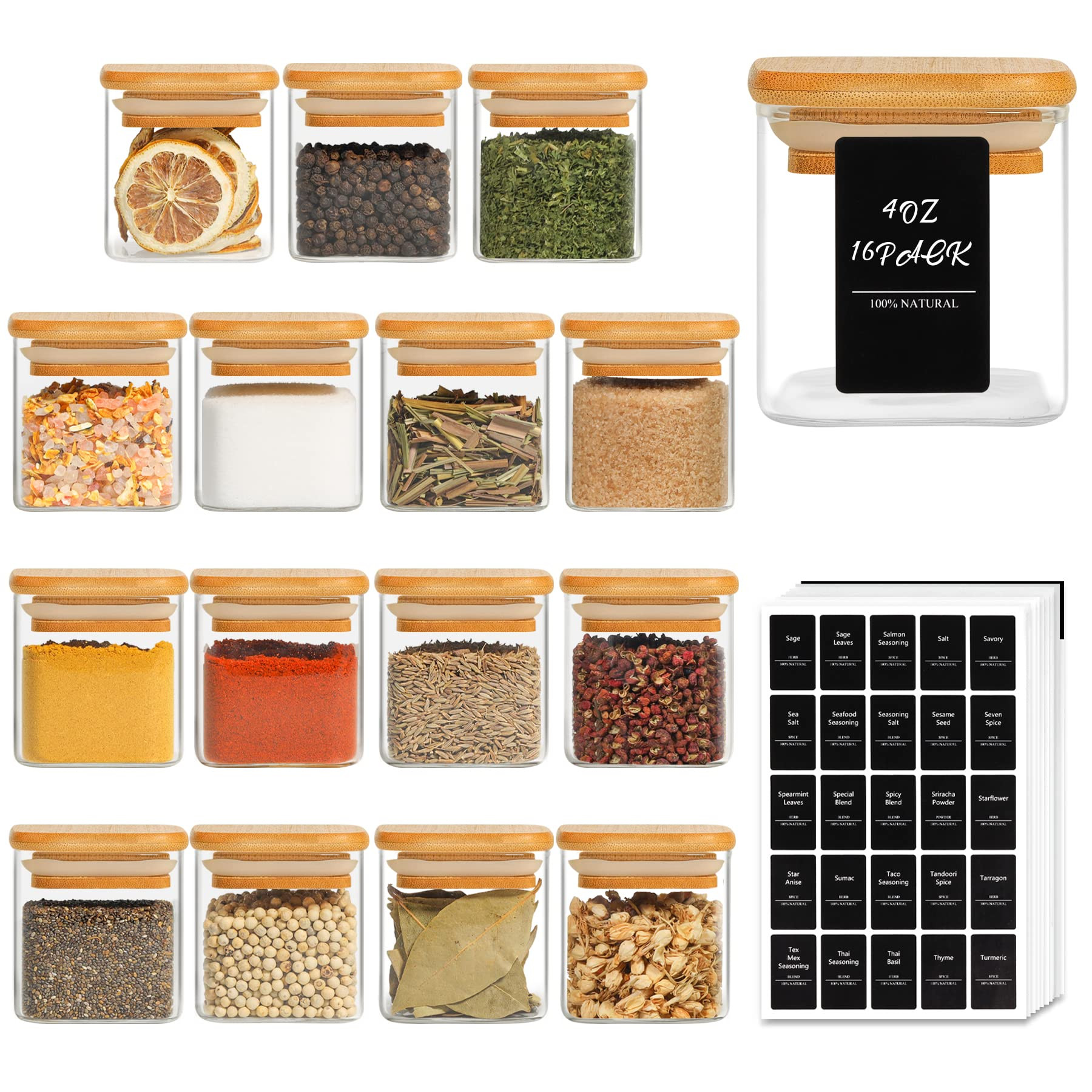 ComSaf 16Pcs Glass Spice Jars with Bamboo Lid, 4oz Airtight Square Spice Containers with 275 Blac... | Amazon (US)