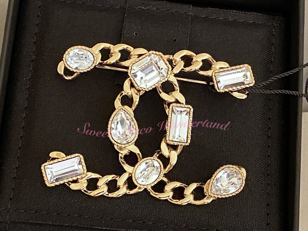 100% AUTHENTIC CHANEL 24C CRYSTAL GOLD CHAINED CC LOGO LARGE BROOCH PIN BNWT | eBay US
