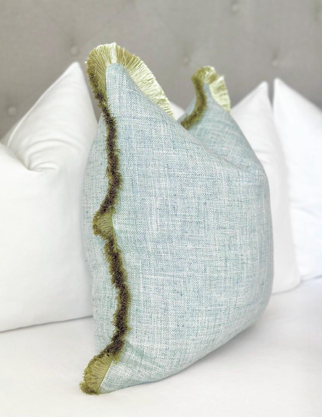 Mist Blue Throw Pillow Cover With Green Brushed Fringe Detail , Modern Mist Blue Pillow , Designe... | Etsy (US)