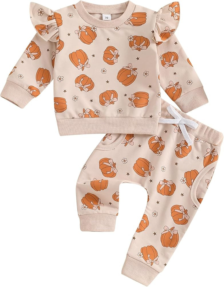 Toddler Baby Girl Halloween Outfit Pumpkin Crewneck Sweatshirt Long Sleeve Shirt Pants Newborn Fa... | Amazon (US)