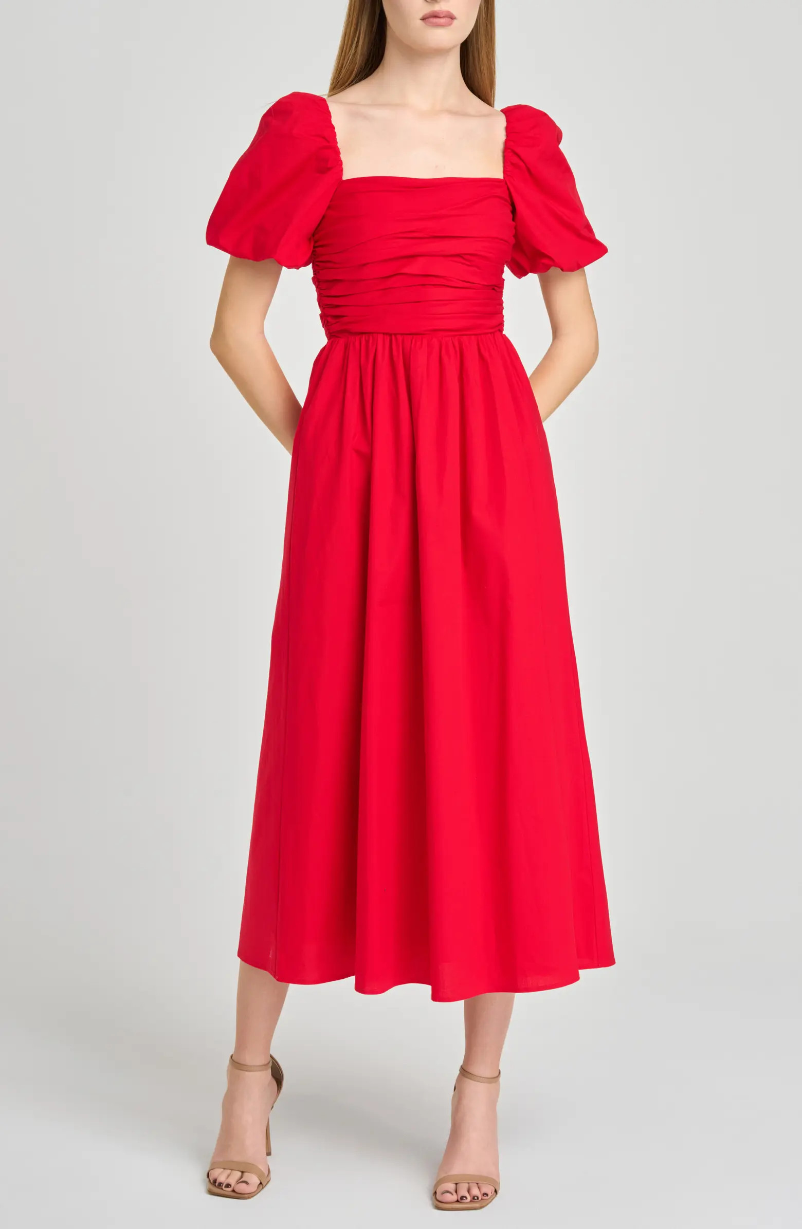 Lucy Ruched Puff Sleeve Midi Dress | Nordstrom