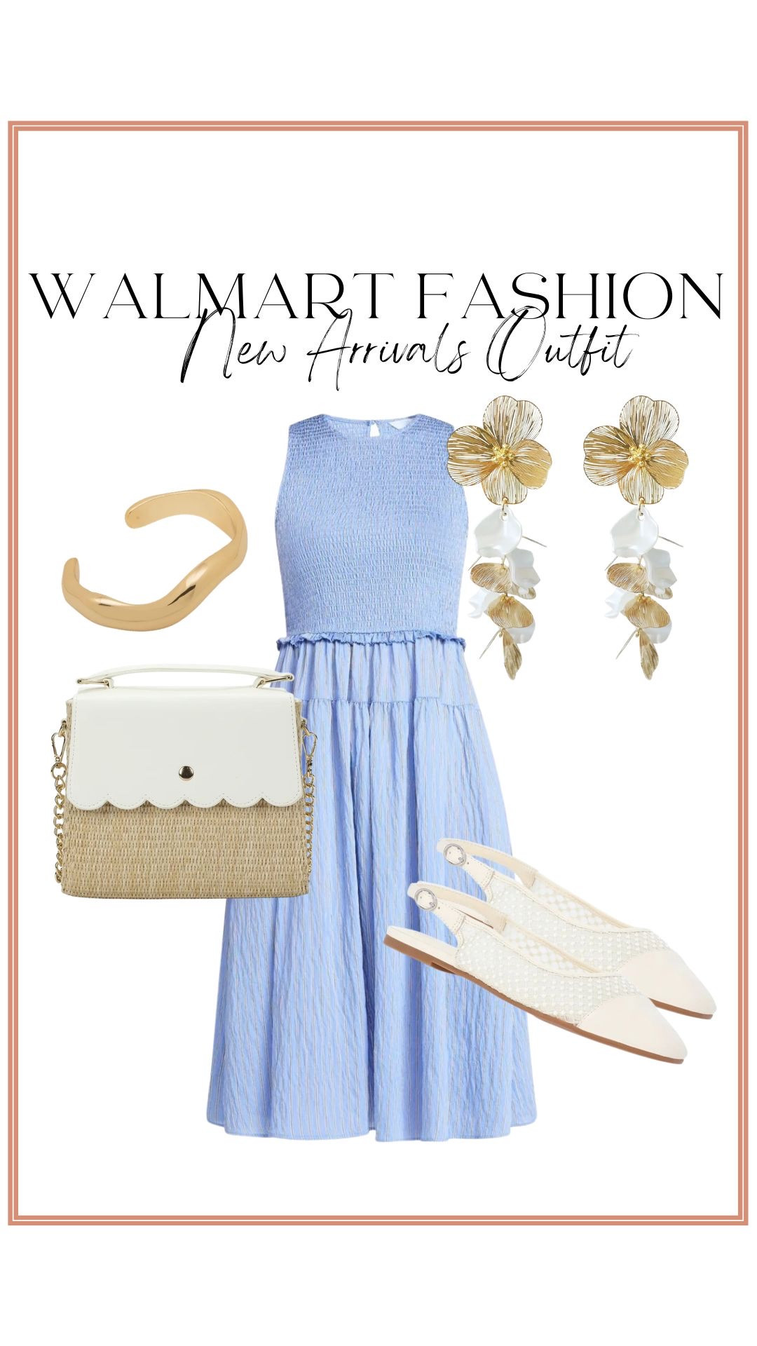This Walmart new arrivals outfit is giving effortless spring elegance 💙✨

This soft blue midi dress is SO flattering with the smocked bodice, tiered skirt, and easy flowy fit. Perfect for Easter, spring weddings, baby showers, brunch, church, or vacation nights. It looks boutique but is such an affordable find 🙌🏼

Paired it with:
• scalloped straw crossbody bag
• woven slingback flats
• gold floral statement earrings
• chunky gold cuff

Walmart spring fashion is seriously on another level right now — feminine, elevated, and budget friendly.

#WalmartFashion #WalmartNewArrivals #SpringDress #EasterOutfit #AffordableStyle #WalmartFinds #BrunchOutfit #VacationStyle #FeminineStyle #BudgetFriendlyFashion