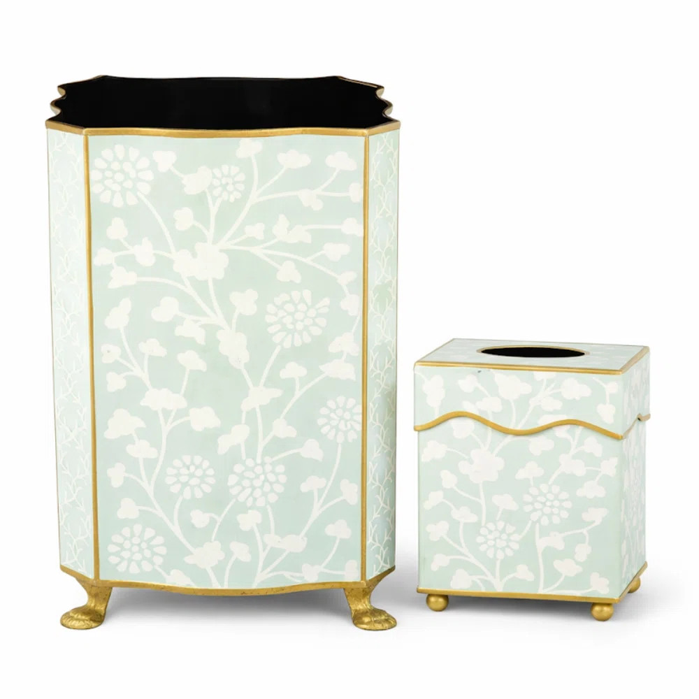 Pale Green Spring Floral Wastepaper Basket & Tissue Set (Set of 2) | Wayfair North America
