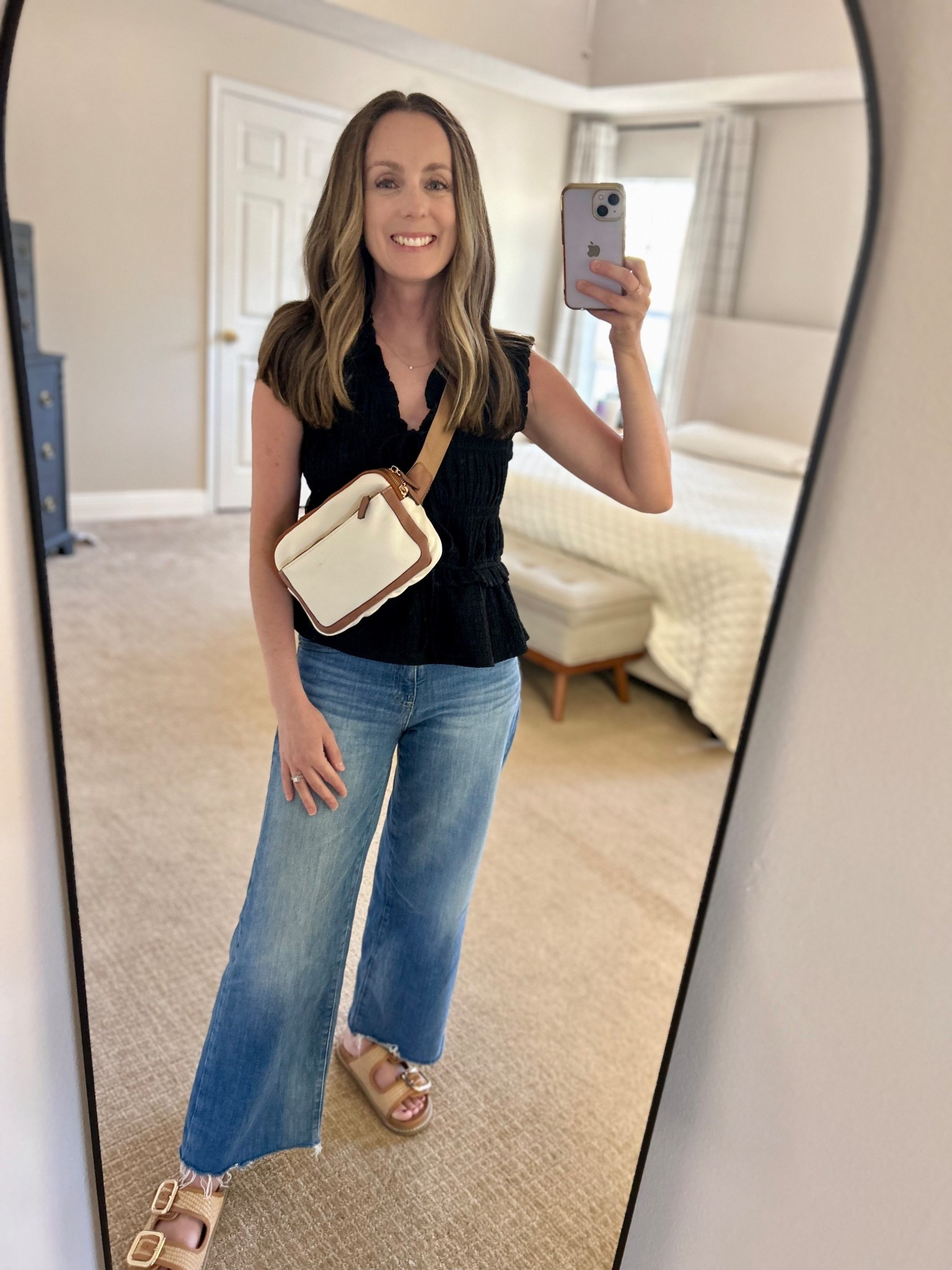 Church outfit today - the shirt is my favorite Walmart find. It’s an easy top to throw on and go. It fits true to size. 

The jeans are my first pair of wide leg jeans and boy do I love them! They are a cropped fit but I’m around 5’0” so they aren’t really cropped on me 😂

The bag is my favorite crossbody waist bag that is a little more dressy than the typical crossbody bag. 

The sandals I linked similar ones. They’re an old find from Target  

#LTKPetite #LTKSeasonal #LTKFindsUnder50