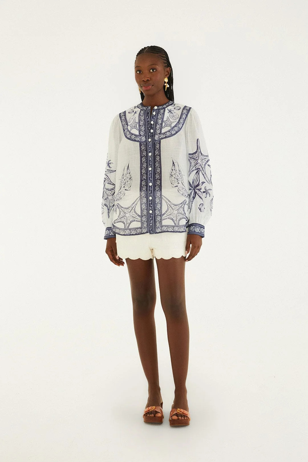 Off-White Coast Scarf Long Sleeve Blouse | FARM Rio | FarmRio (US)