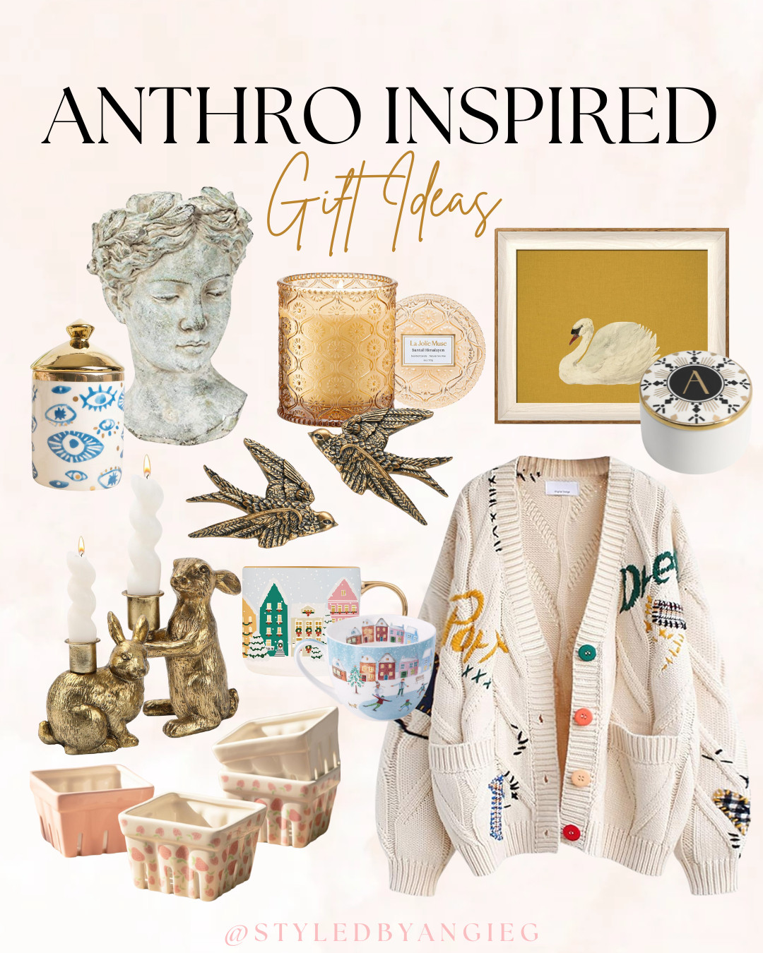 Anthro inspired gift ideas for the hostess! Anthropologie style, home decor gifts, vintage candles, decorative bust, brass birds, embroidered cardigan, holiday hosting gifts, elegant home accents, luxury candles, gift ideas for her, textured ceramics, gold swan art 

 #LTKGiftGuide #LTKHoliday #LTKFindsUnder50