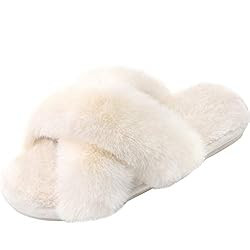 Women's Cross Band Slippers Soft Plush Furry Cozy Open Toe House Shoes Indoor Outdoor Faux Rabbit... | Amazon (US)