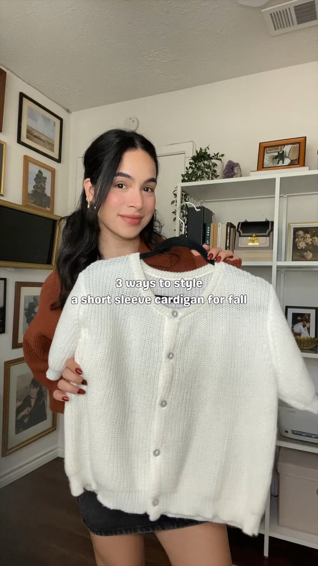 3 ways to style a white short sleeve cardigan this fall! i’m wearing the cardigan in a size large for a baggy relaxed fit. i’m wearing the jeans in a size 27. wearing the skirt in a size small, i would’ve size up to a medium. wearing the trousers in a size medium regular  

#LTKVideo #LTKHoliday #LTKSeasonal