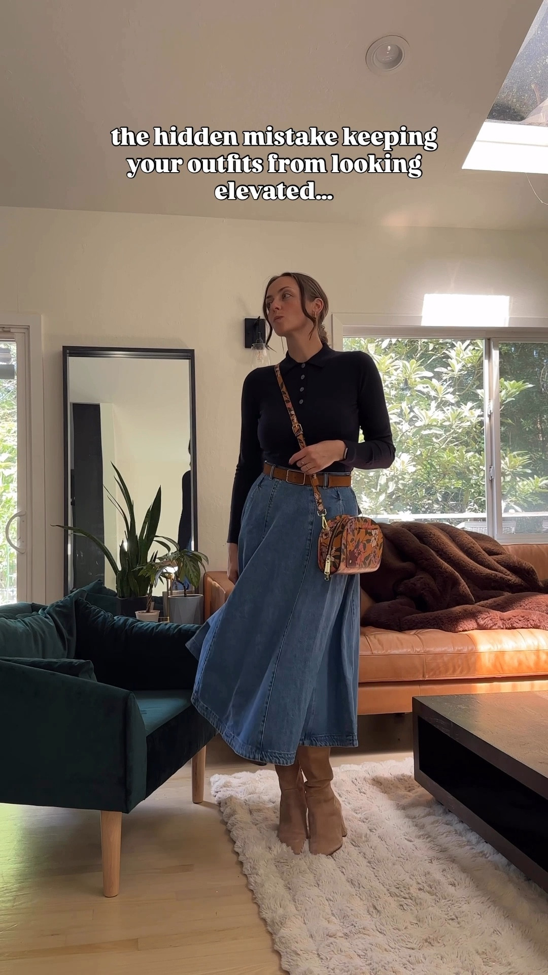 Fall outfit with suede tan boots and a denim midi skirtt

#LTKSeasonal #LTKWorkwear #LTKOver40