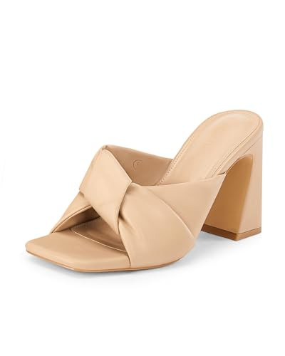 Coutgo Womens Chunky Heeled Mules Puffy Knot Square Open Toe Slip On Sandals Summer Evening Party Prom Shoes, Khaki, Size 11 | Amazon (US)