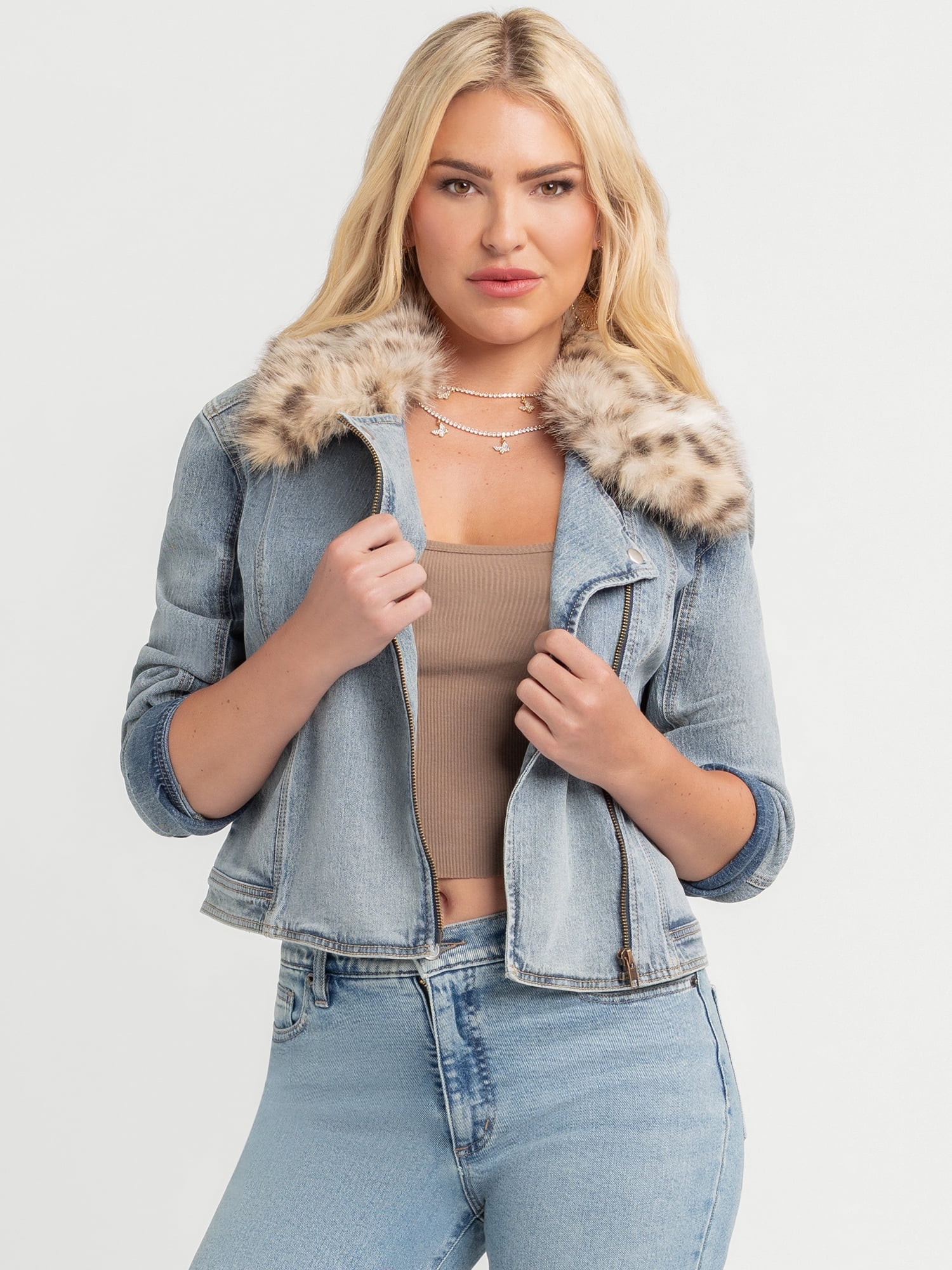 Jessica Simpson Women's Denim Moto Jacket with Faux Fur Collar, Sizes XS-XXL | Walmart (US)